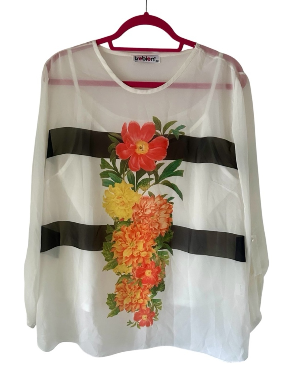 Trebien Woman’s White Floral Sheer Blouse with Black Stripes Size 50 /Size L US